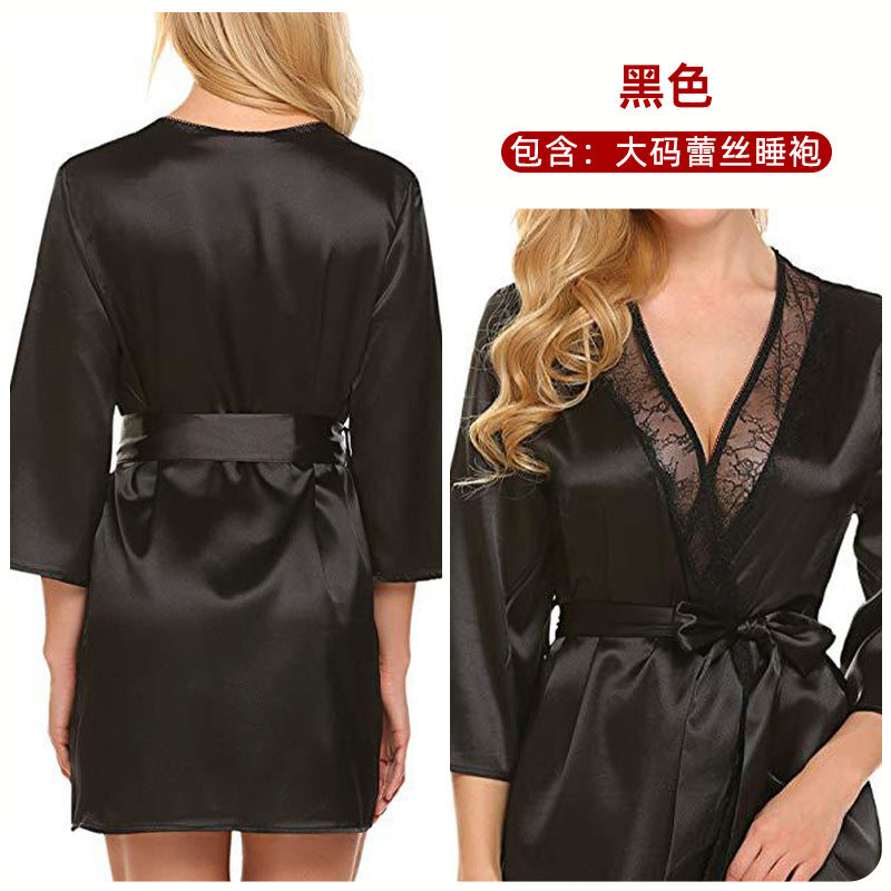 Plus-Size Lace Lingerie & Satin Robe Set