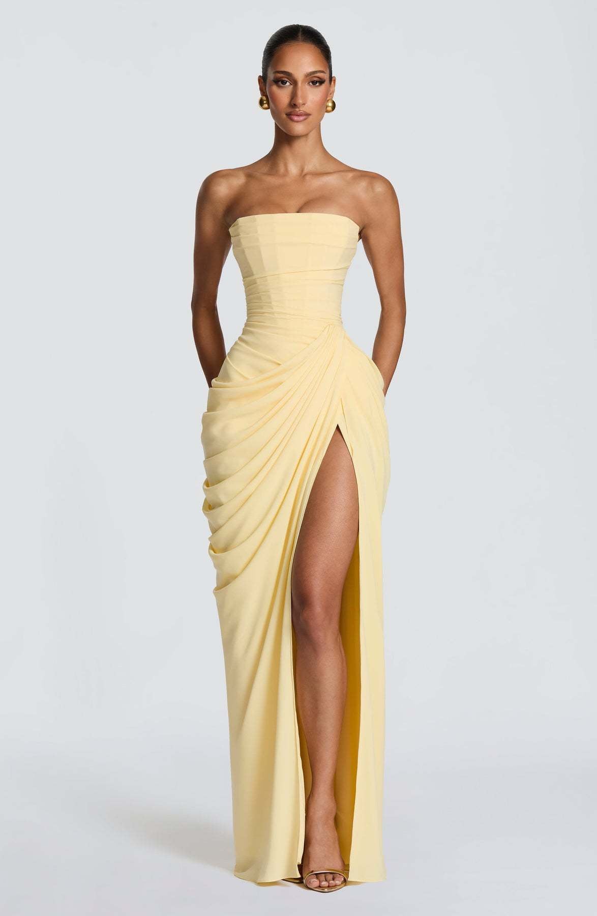Strapless Asymmetric Pleated Slit Dress
