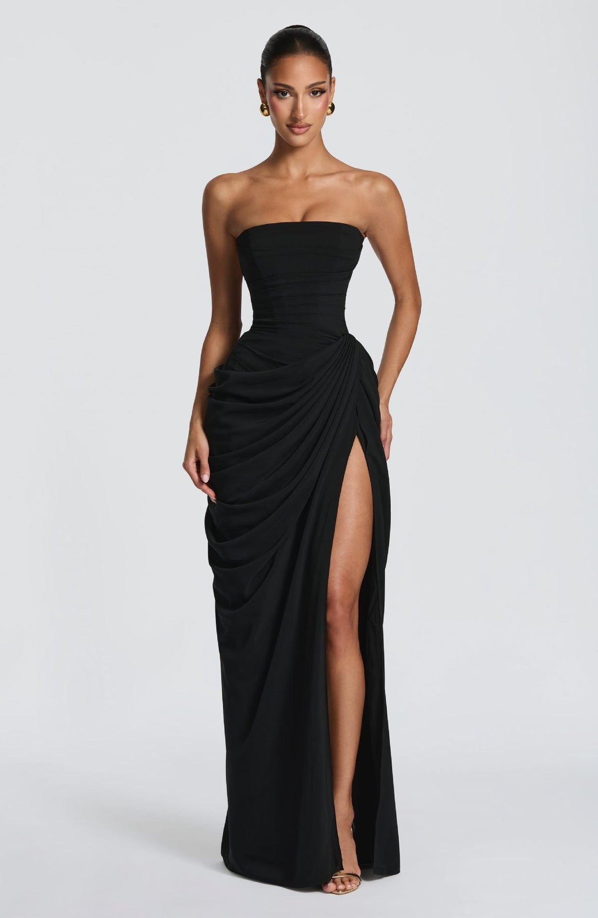 Strapless Asymmetric Pleated Slit Dress