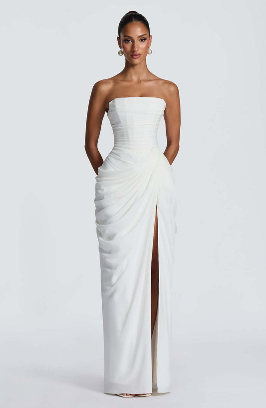 Strapless Asymmetric Pleated Slit Dress