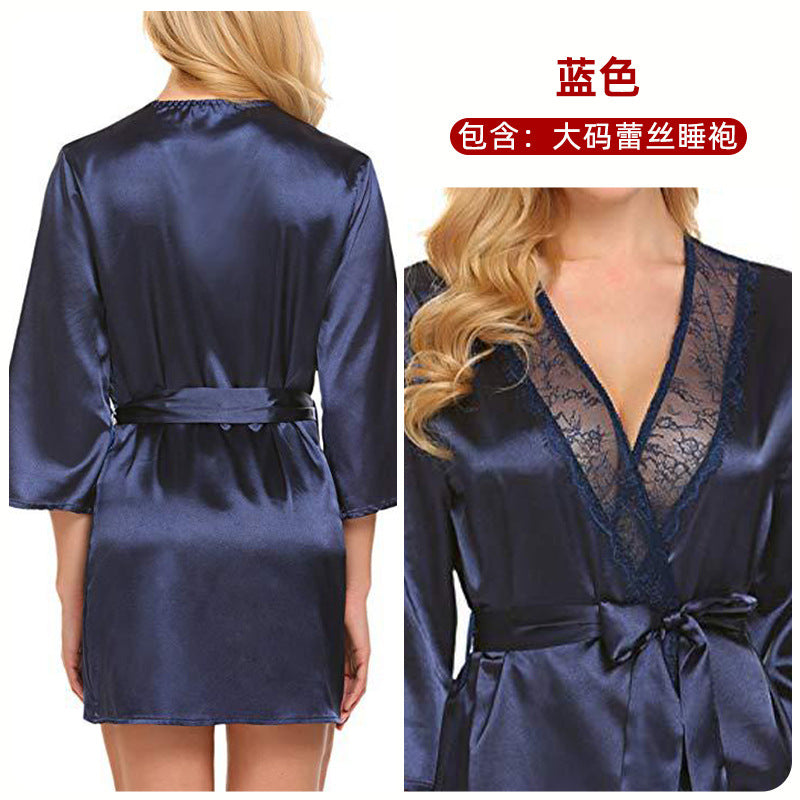 Plus-Size Lace Lingerie & Satin Robe Set