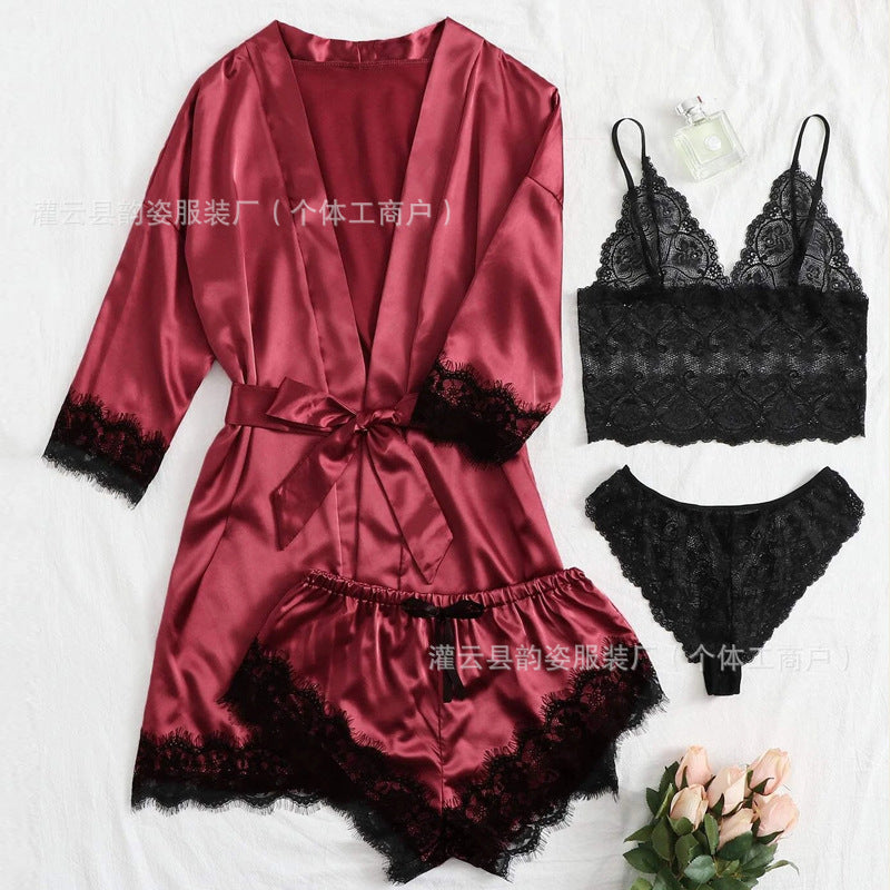 Silky Robe & Lace Halter Slip Set