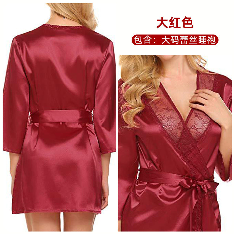 Plus-Size Lace Lingerie & Satin Robe Set