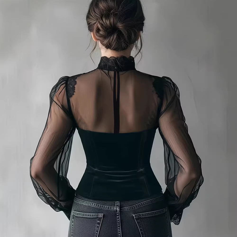 Flared-Sleeve Lace-Up Top with Cinched Waist
