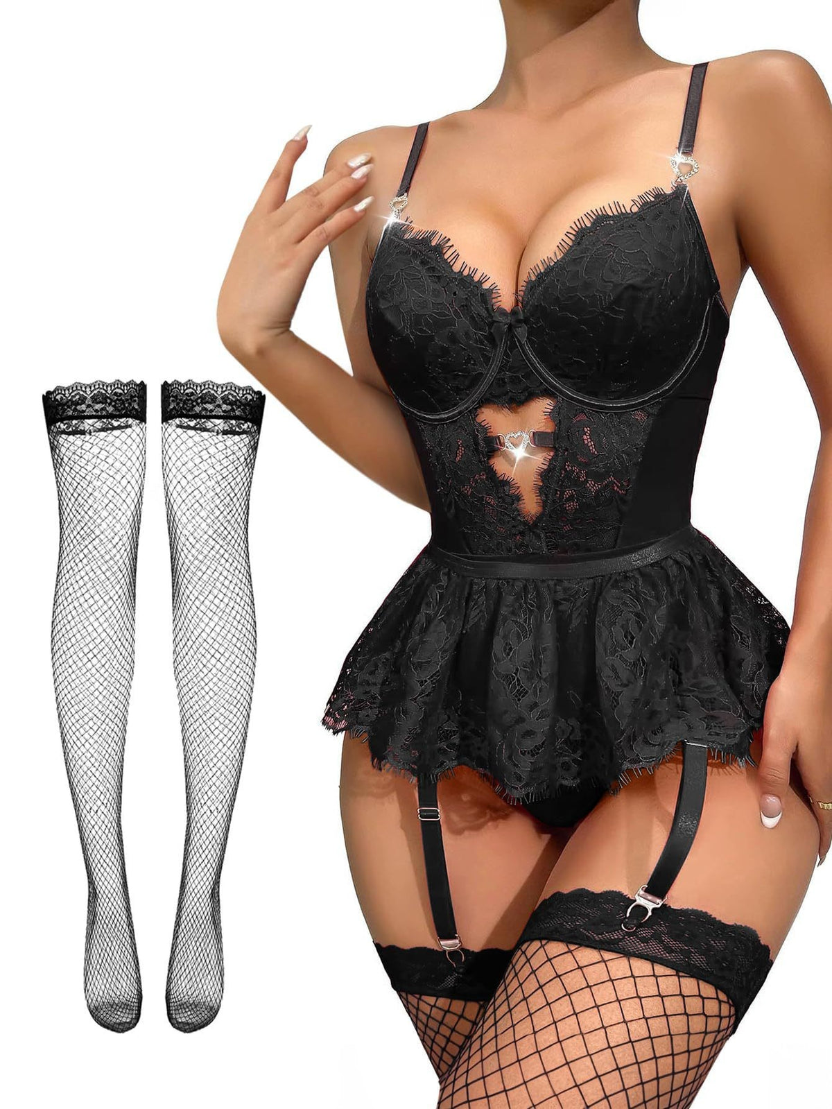 Heart Lace Bodysuit & Thigh-High Socks Lingerie Set