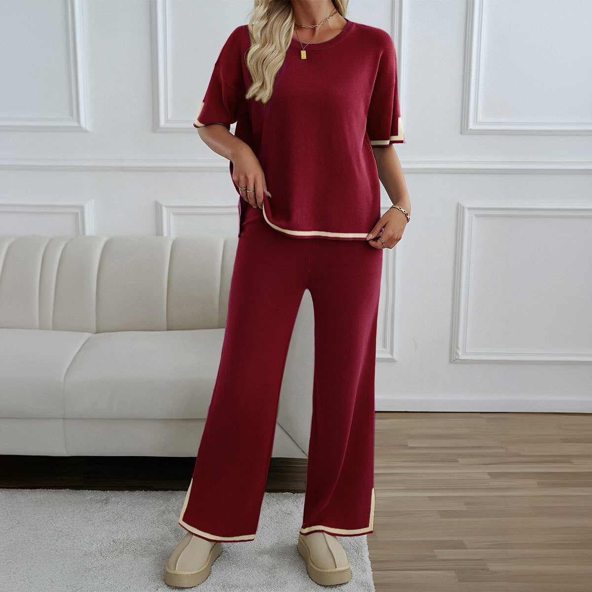 Knit Short-Sleeve Top & Pants Casual Set