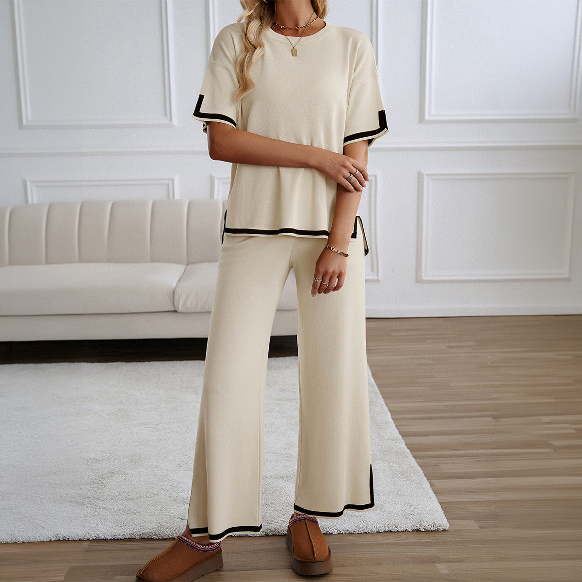 Knit Short-Sleeve Top & Pants Casual Set